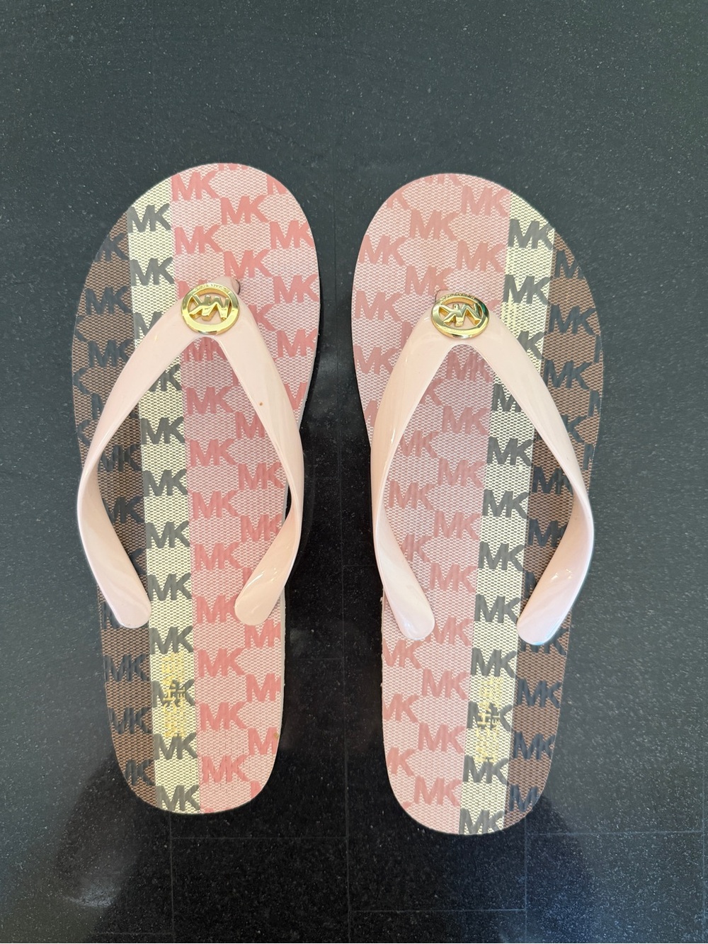 Michael Kors Pink and Brown Logo Flip Flop Sandals